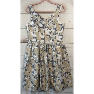 Gal Meets Glam Collection Floral Jacquard Fit and Flare Dress Blue Gold Mens 10